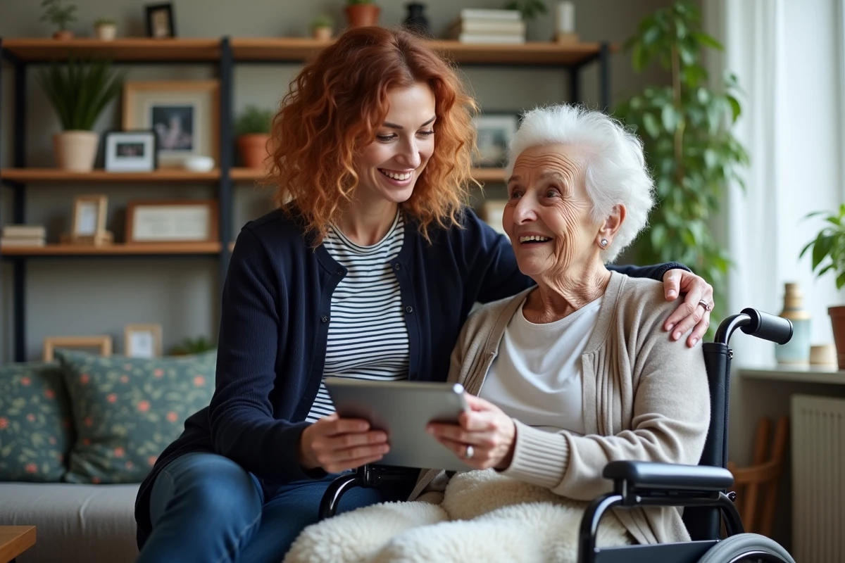Femme aidante utilisant une tablette numérique avec sa mère âgée en fauteuil roulant dans un salon familial