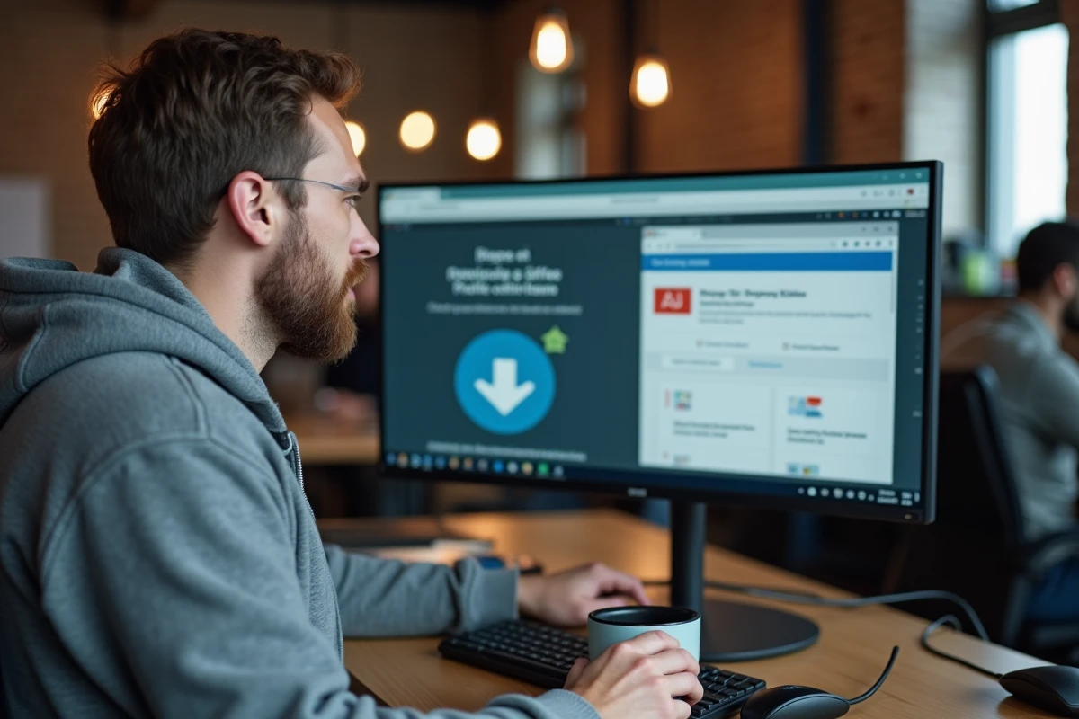 Homme comparant des alternatives gratuites de téléchargement sécurisé sur un grand écran dans un espace de coworking moderne