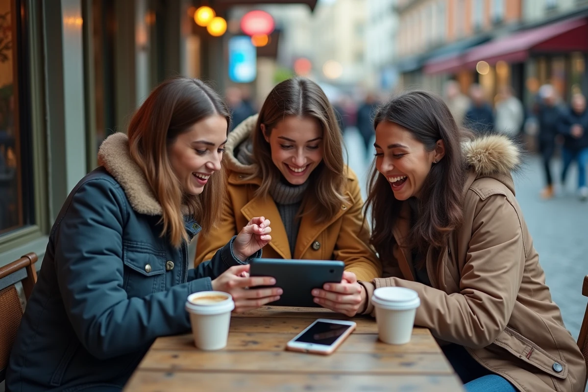 Trois amis regardant un match de football sur une tablette en terrasse