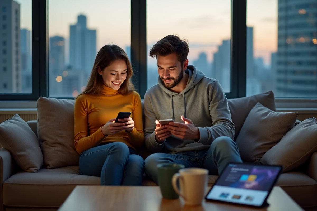 Deux amis comparant des alternatives de streaming sur leurs smartphones dans un appartement urbain moderne