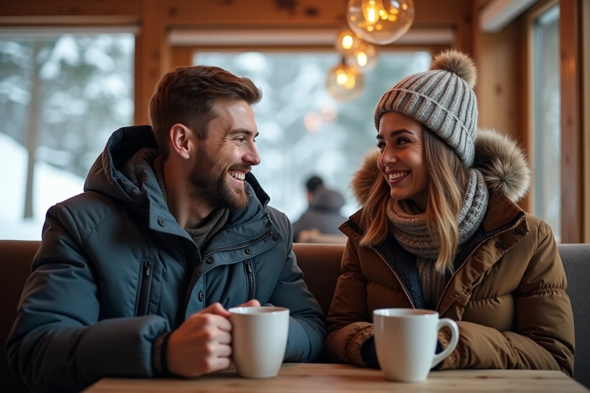 Amis riant dans un lodge de ski chaleureux