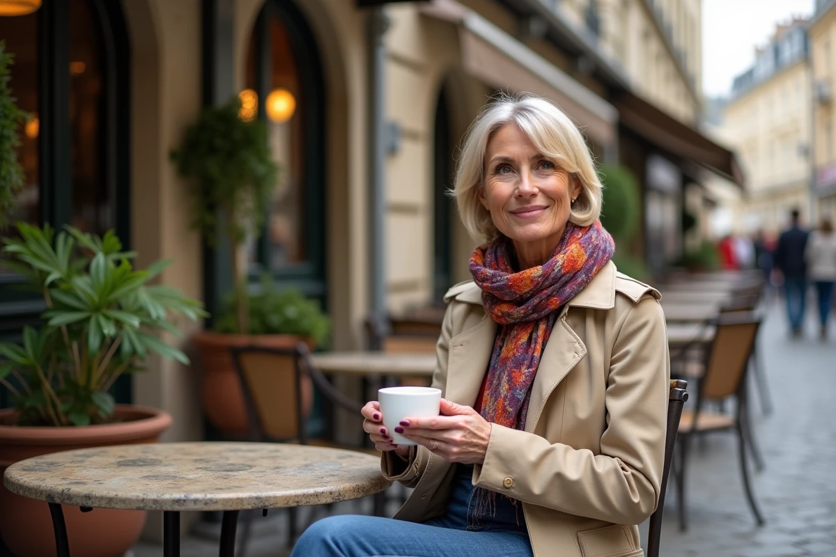 Animatrice française dans un café parisien en terrasse