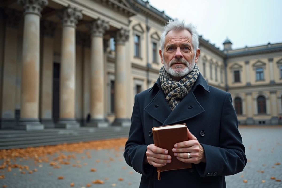 Homme aux traits slaves debout devant une architecture néoclassique d'Europe de l'Est tenant un journal en cuir, illustrant les origines et le voyage de Vladimir Boudnikoff