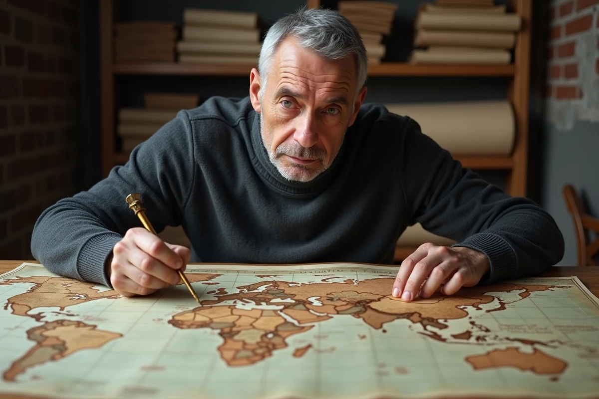 Homme concentré traçant un itinéraire sur une ancienne carte du monde avec une boussole en laiton dans une salle d'archives, symbolisant le parcours et les recherches de Vladimir Boudnikoff