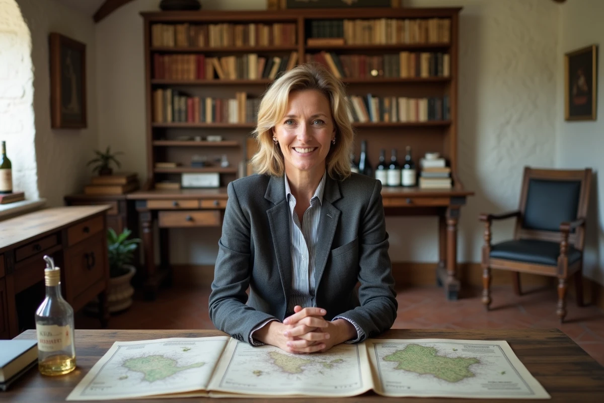 Portrait éditorial d'une professionnelle du vin assise à un bureau dans un domaine viticole
