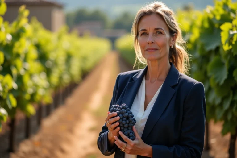 Portrait d'une femme vigneronne tenant une grappe de raisin dans un vignoble français en automne