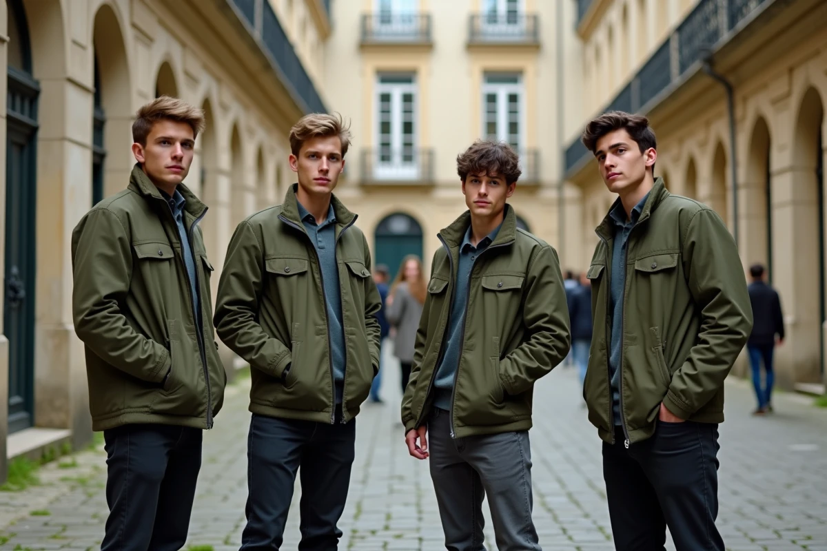 Groupe de jeunes Français en tenue smart-casual devant un bâtiment administratif en pierre, représentant la classe 2026 lors des démarches de recensement militaire