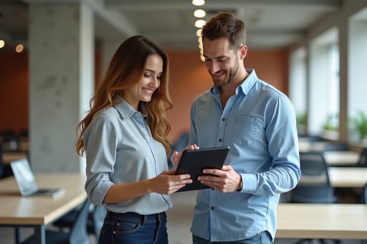 Deux collègues en espace de coworking évaluant une solution de visioconférence sécurisée pour remplacer Dirvox