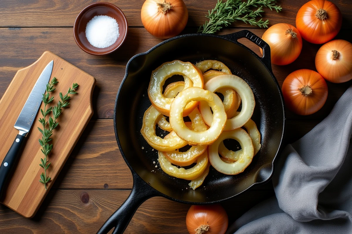 Vue de dessus d'une composition culinaire avec une poêle en fonte contenant des oignons revenus sans matière grasse, entourée d'oignons crus, d'herbes fraîches et d'une planche à découper en bois