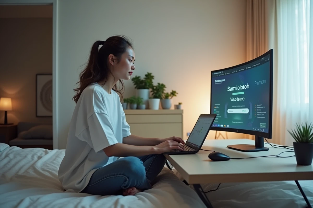 Jeune femme configurant un émulateur Android TV sur un setup double écran dans sa chambre