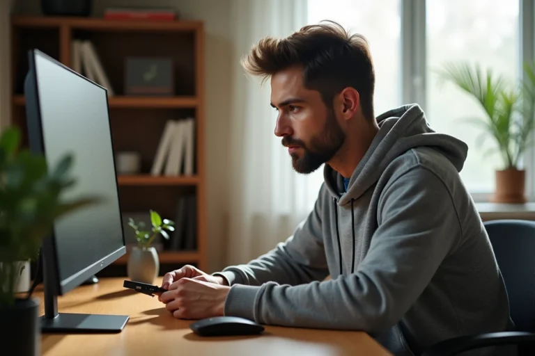Homme connectant un dongle Android TV sur un moniteur de bureau à domicile