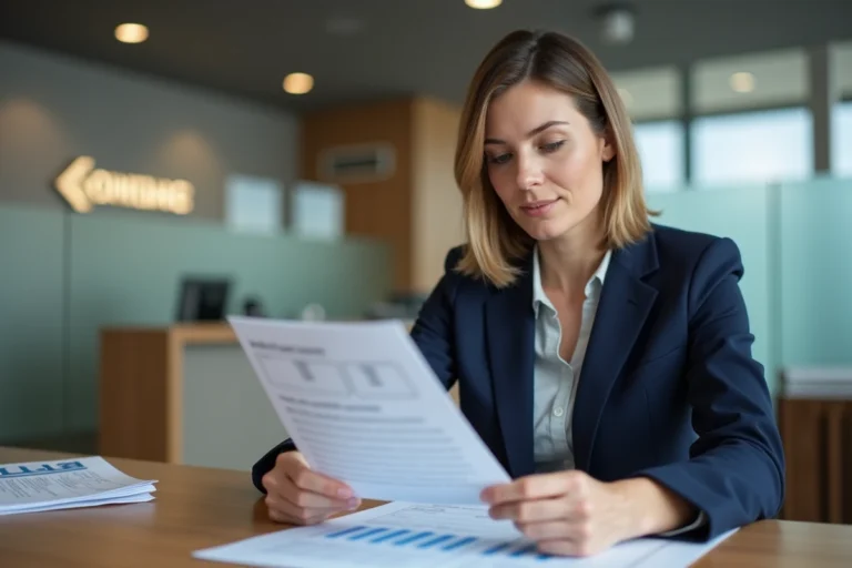 Conseillère bancaire du Crédit Agricole présentant les conditions d'un compte à terme à un client en agence