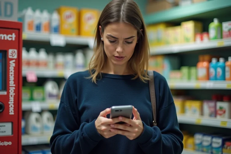 Femme contactant le service client Mondial Relay depuis un point relais à Harnes avec son smartphone