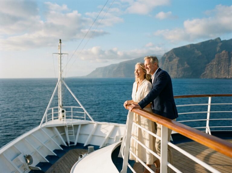 Couple élégant sur le pont avant d'un paquebot de croisière de luxe contemplant l'horizon avec enthousiasme