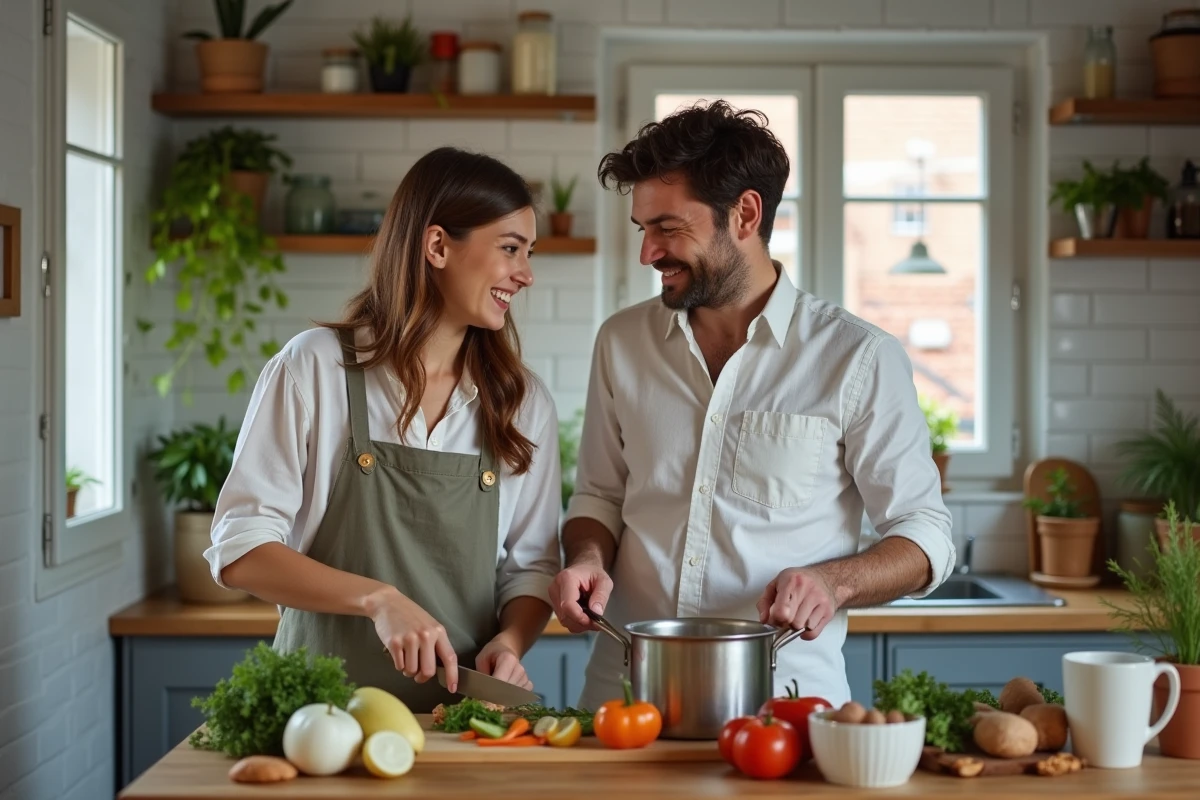 Couple cuisinant ensemble dans un petit appartement T2 parisien avec cuisine ouverte compacte et déco moderne