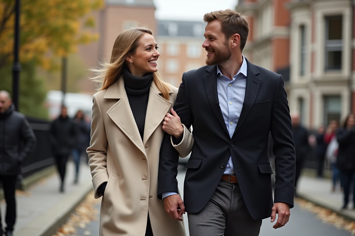 Couple élégant marchant ensemble dans une rue pavée de Londres en automne, style éditorial naturel et intime