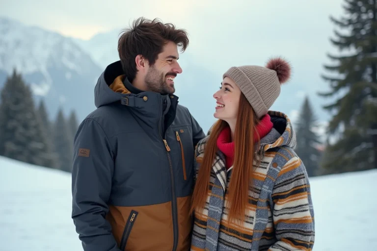 Jeune couple souriant en ski sur une montagne enneigee