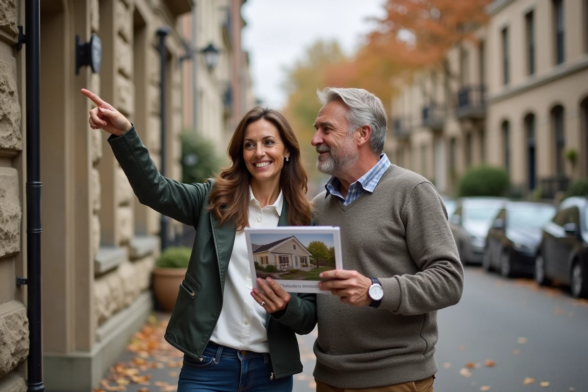 Couple examinant un immeuble résidentiel lors d'un projet d'investissement immobilier