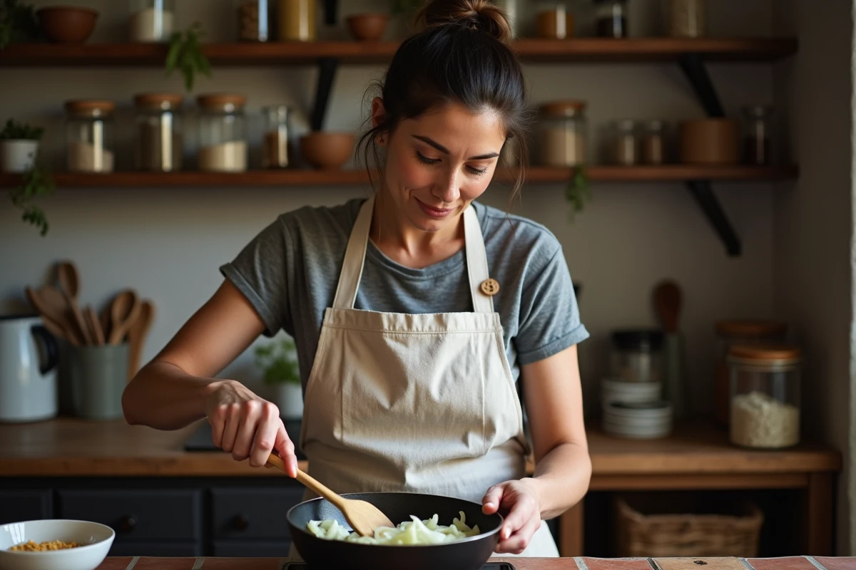 Femme cuisinant des oignons sans beurre ni huile dans une poêle antiadhésive, remuant avec une spatule en bois dans une cuisine rustique aux tons chauds