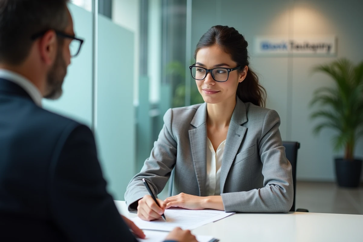 Woman consulting a bank advisor for the release of real estate funds in a modern agency
