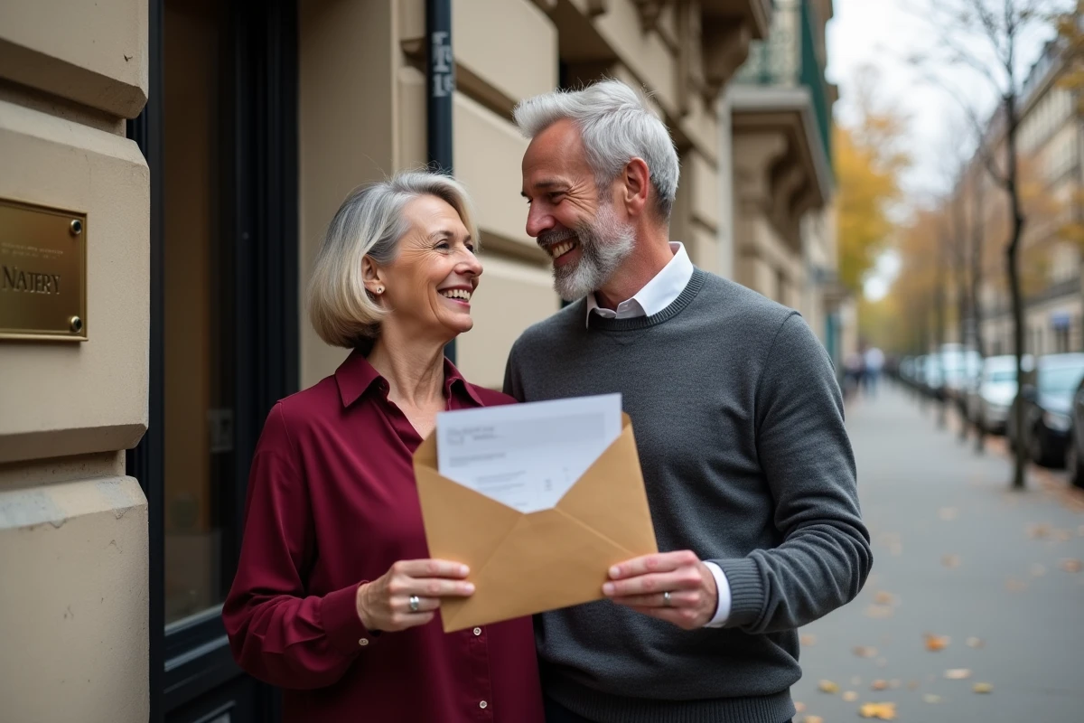 Smiling couple in front of a notary's office holding an envelope containing a property deed after the release of funds