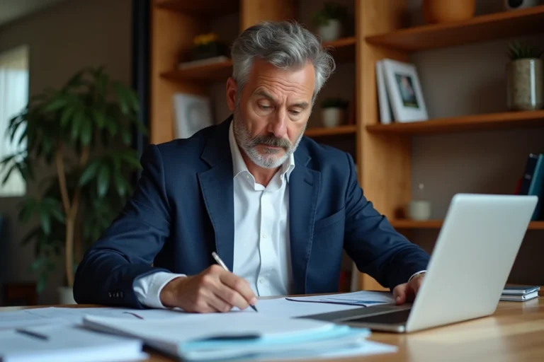 Homme en blazer marine examinant des documents immobiliers sur un bureau en bois dans un bureau à domicile moderne