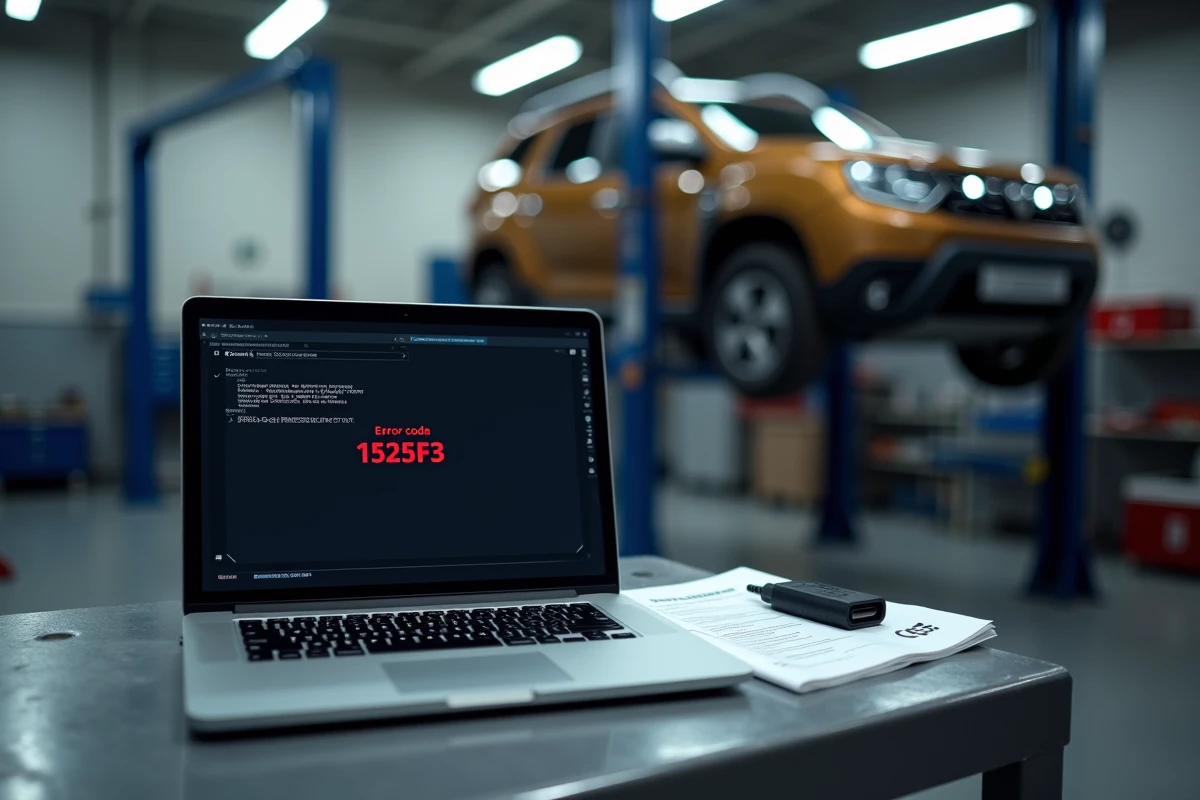 Écran d'ordinateur affichant le code d'erreur 1525f3 lors du diagnostic d'une Dacia Duster en atelier