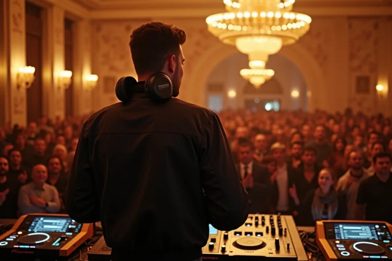 DJ professionnel derrière une console Pioneer lors d'une soirée privée de luxe dans un grand ballroom