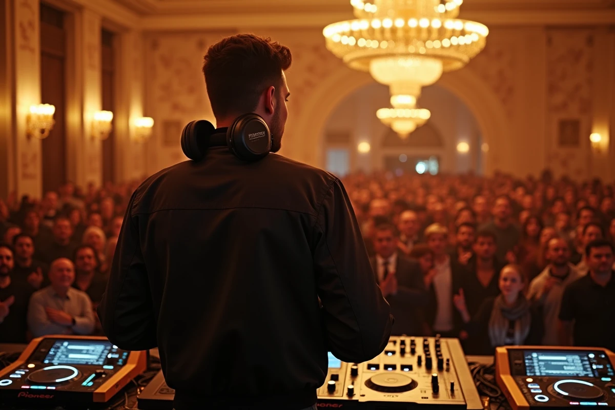 DJ professionnel derrière une console Pioneer lors d'une soirée privée de luxe dans un grand ballroom