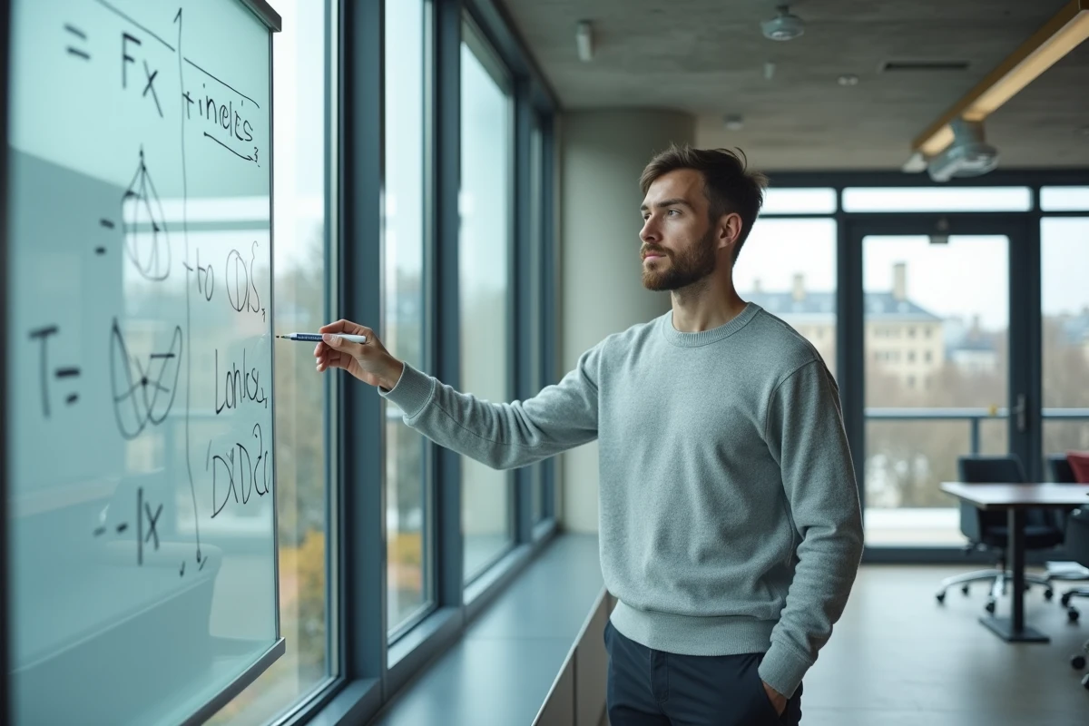 Étudiant en école de commerce parisienne résolvant des équations de calcul stochastique au tableau blanc dans une salle d'étude moderne