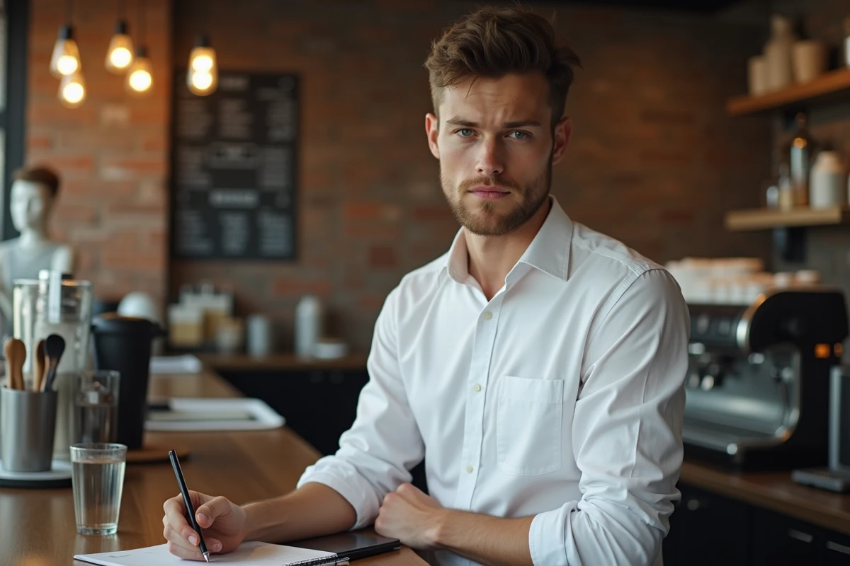 Étudiant barista consultant son agenda pendant une pause au travail pour gérer ses études et son emploi