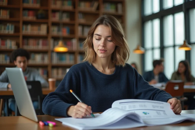 Étudiante travaillant sur ses documents de bourse tout en utilisant un ordinateur portable dans une bibliothèque universitaire