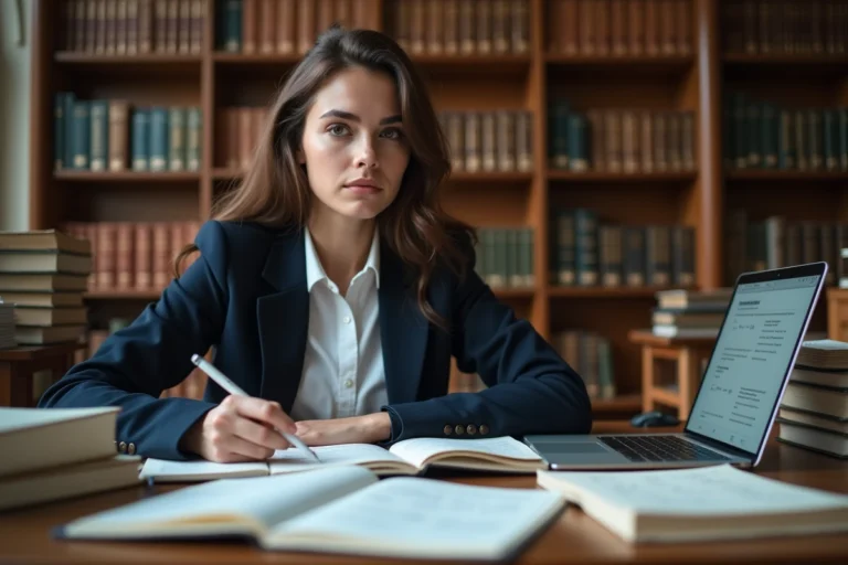 Étudiante en master de mathématiques financières travaillant intensément dans une bibliothèque universitaire prestigieuse avec des manuels de probabilités et des notes manuscrites