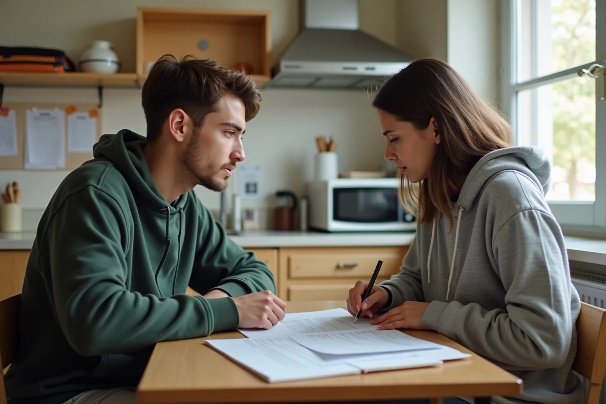 Deux étudiants colocataires analysant ensemble un dossier de bourse et des documents administratifs dans un appartement étudiant
