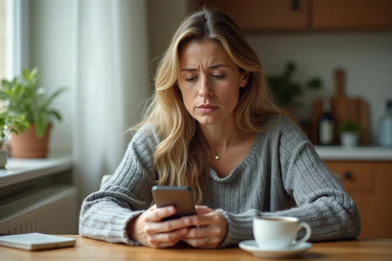 Femme méfiante regardant un appel entrant d'un numéro en 05 sur son smartphone dans une cuisine
