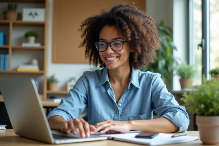 Jeune femme concentrée travaillant à son bureau lumineux