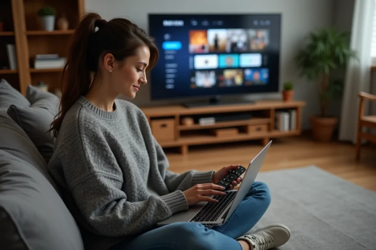 Femme choisissant une alternative de streaming sur son laptop et sa télévision dans un salon moderne