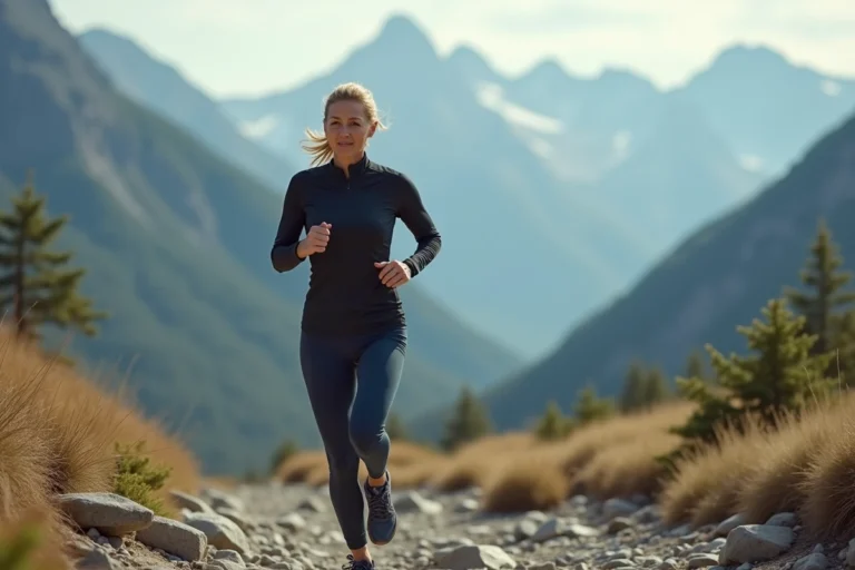 Femme athletique courant en montagne avec terrain rocheux