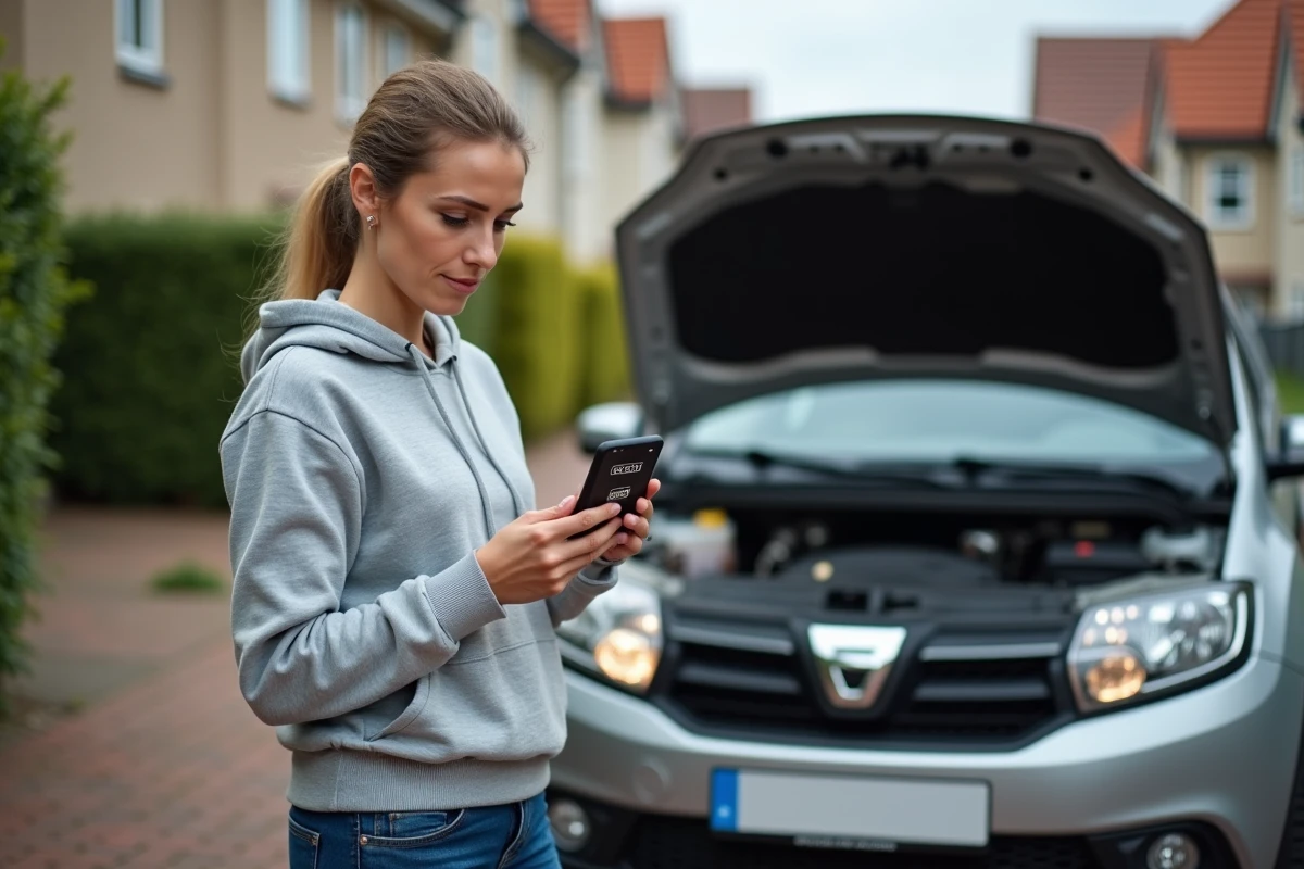 Femme utilisant une application smartphone pour diagnostiquer le code d'erreur 1525f3 sur une Dacia Sandero dans une allée résidentielle