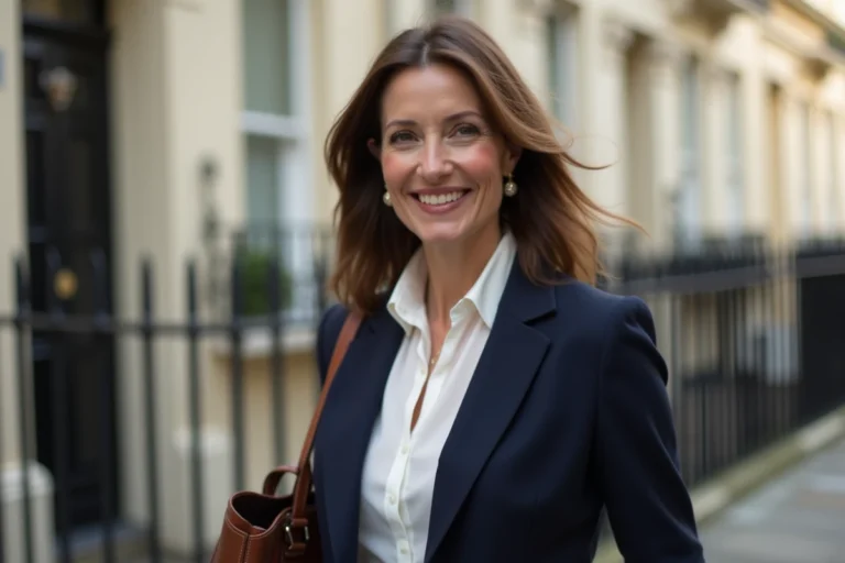 Femme élégante en blazer marine devant une maison georgienne londonienne, portrait éditorial discret et raffiné