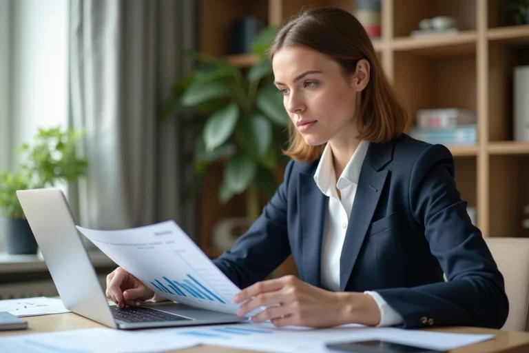 Femme cadre analysant des documents d'investissement immobilier dans un bureau moderne