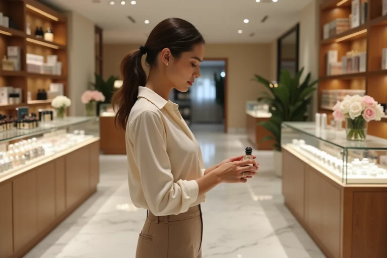 Femme élégante devant un comptoir de parfum en boutique