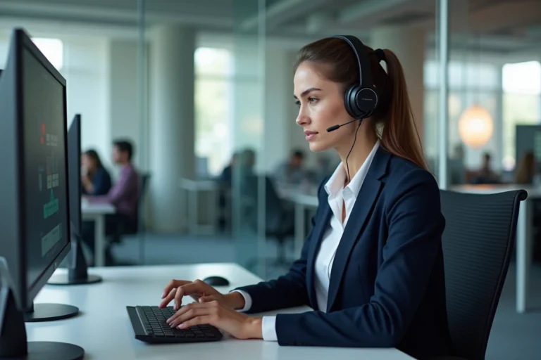 Femme professionnelle utilisant un logiciel de communication sécurisée au bureau comme alternative fiable à Dirvox