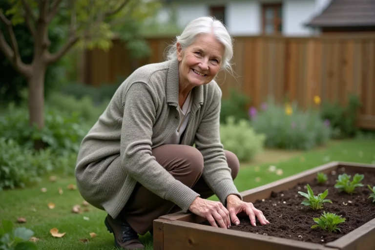 Femme senior jardinant dans son potager en plein air