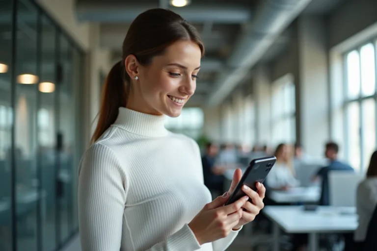 Femme tenant un smartphone pliable dans un bureau moderne, illustrant les nouvelles tendances high-tech