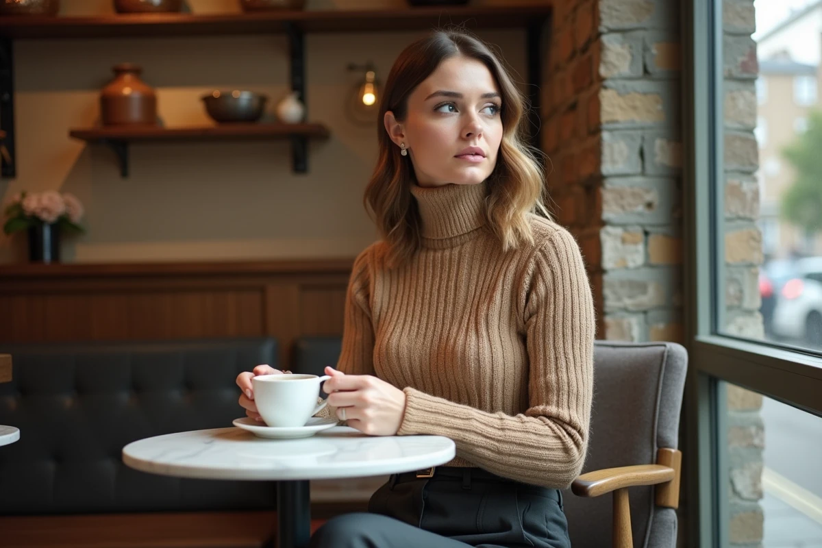 Femme sophistiquée assise dans un café londonien tendance, portrait intimiste et élégant en intérieur