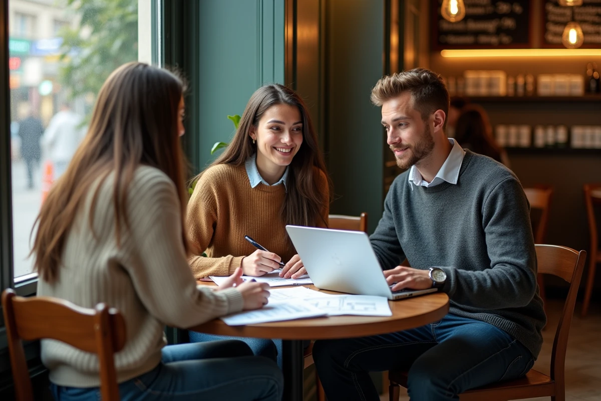 Groupe d'étudiants en master de finance quantitative révisant ensemble autour d'une table de café parisien avec des cours imprimés et des ordinateurs portables