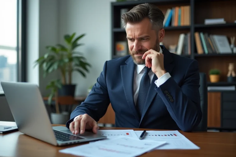 Homme d'affaires en costume analysant des graphiques boursiers