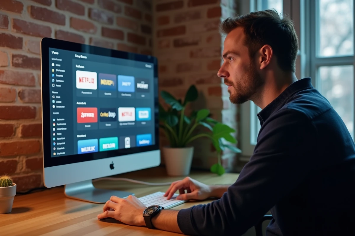 Homme comparant des plateformes de streaming alternatives sur son ordinateur de bureau dans un bureau à domicile