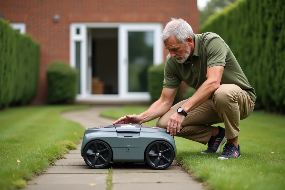 Homme examinant le robot tondeuse Kress RTK avant l'achat dans un jardin de maison